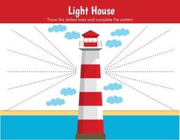 Realistic red lighthouse building at the sea shore. Slanting lines, pencil control, the pattern for early learners, motor skills. Trace line worksheet for kids, practicing fine motor skills. vector