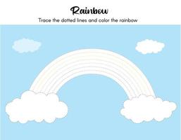 Handwriting practice sheet. Vector illustration of rainbow and clouds for coloring book. Simple educational game for kids