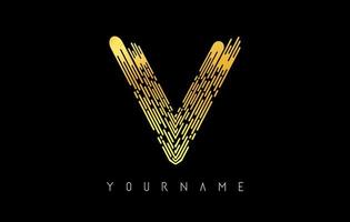 Golden V letter logo concept. Creative minimal monochrome monogram with lines and finger print pattern. vector
