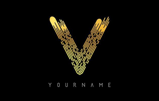 Golden V letter logo concept. Creative minimal monochrome monogram with lines and finger print pattern.