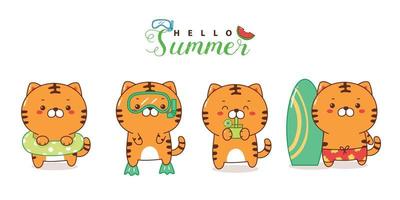 lindo conjunto de verano de dibujos animados de tigre kawaii. vector