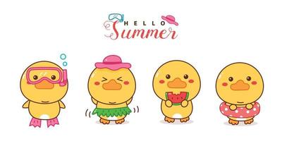 cute duck kawaii cartoon summer set. vector