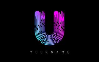 Vibrant pink and blue U letter logo concept. Creative minimal monochrome monogram with lines and finger print pattern. vector