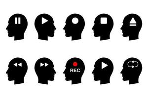 Human head icon set with a variety of symbol. Play, pause, record, stop, rewind, eject. Flat vector illustration
