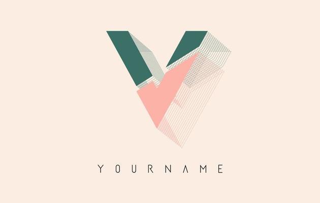 Wireframe V Letter Logo Design in two colors. Creative vector illustration with wired, mirrored outline frame.