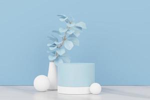 3d render of abstract pedestal podium display with Tropical leaves and Blue pastel plant scene. Product and promotion concept for advertising. Blue pastel natural background. photo