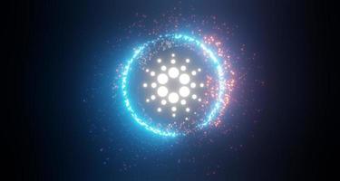 3d render of cryptocurrency Cardano or ADA coins with technology network neon laser light. Cryptocurrency digital currency concept. New virtual money exchange in blockchain. photo