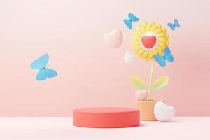 3d render minimal sweet scene with display podium for mock up and product brand presentation. Pink Pedestal stand for Valentine's Day's theme. Cute lovely heart background. Love day's design style. photo