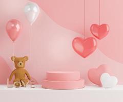 3d rendering of minimal scene of blank podium with Valentine's Day theme. Display stand for product presentation mock up. Cylinder stage in sweet lovely pink color with simple design. photo