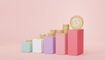 Gráfico de barras de representación 3d y pila de bitcoins y oro para ahorrar dinero por concepto de objetivo. escena pastel mínima. modelo financiero de crecimiento. concepto criptográfico defi. gestión de inversiones foto