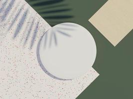 3d render top view of white blank cylinder frame for mock up and display products with shadows of palm leaves, earth tone, and terrazzo wall background. Creative idea concept. photo