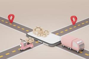 3d renderizado de cajas de cartón marrón con camión, scooter y carretera. concepto de entrega de compras en línea. foto