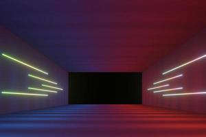 3d render of RGB neon light on darkness background. Abstract Laser lines show at night. Ultraviolet spectrum beam scene photo