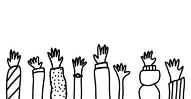 Hands raised up simple doodle drawing. Vector border illustration isolated on white background. Teamwork business concept.