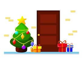 Vector cartoon entry door concept illustration with Christmas tree and gift boxes. New year celebration greeting card template. Flat brick wall isolated poster. Home entrance design.