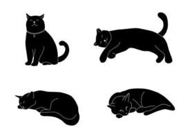 Cute cat icon set silhouette isolated on white background. Simple black print with sleeping kitty pets in different poses. Outline doodle style illustration for kids. vector