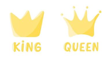 Cartoon gold crown icon set isolated on white background. Royal person king and queen lettering card concept. Doodle vector illustration for kids. Nursery poster design. T-shirt prints.