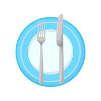 cuchillo y tenedor en un plato aislado en un icono de fondo blanco. cocina de plata de dibujos animados comiendo herramientas. concepto de citas de mesa. ilustración vectorial de estilo plano. vector