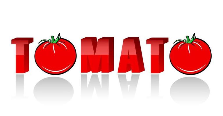Tomato 3d letter word isolated on white background. Package print template. Red lettering text with vegetable doodle drawing. Farm food logo design.