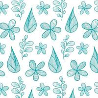 Blue botanical linear seamless pattern isolated on white background. Simple vector floral background. Flowers and leaves ornament. Line art design.