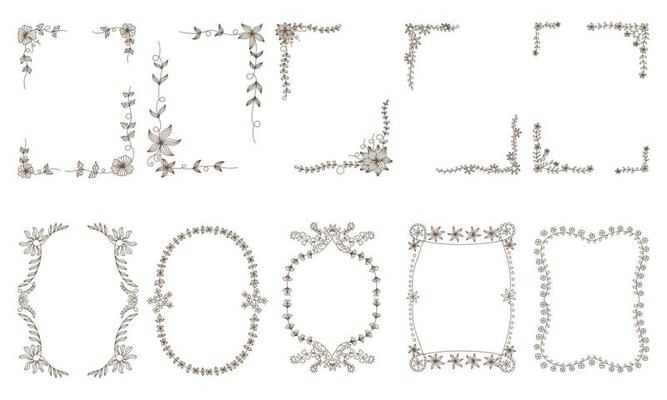 Flowers frame set designed with brown lines in doodle style on white background for digital printing, wedding card, scrapbook, cover design, label printing and more.