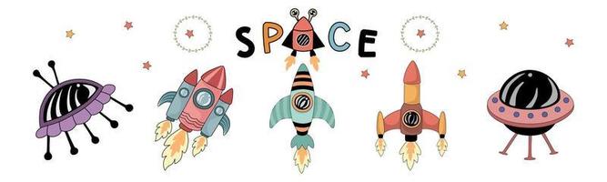 Set of space vector elements designed in doodle style on white background. Can be adapted to a variety of applications such as stickers, digital printing, children's arts, scrapbooks, kindergarten