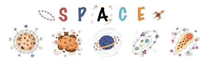 Set of space vector elements designed in doodle style on white background. Can be adapted to a variety of applications such as stickers, digital printing, children's arts, scrapbooks, kindergarten