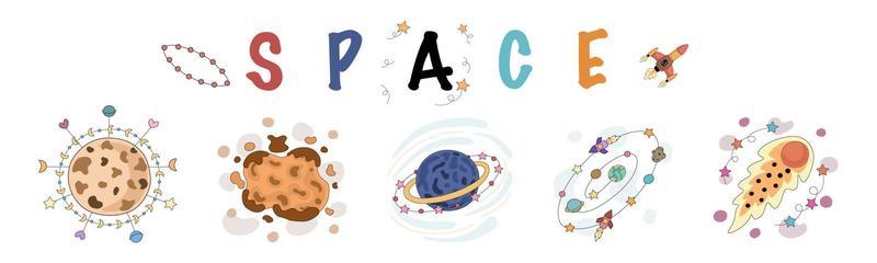 Set of space vector elements designed in doodle style on white background. Can be adapted to a variety of applications such as stickers, digital printing, children's arts, scrapbooks, kindergarten