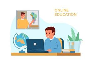 Boy Sitting At Desk In Front Of Laptop Learning By Video Conference With Teacher. Online Or Distant Education. Geography Lesson. Study From Home. Flat Vector Illustration.