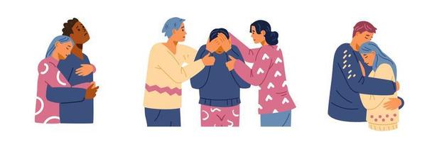 People supporting each other flat vector set. Friends hugging comforting grief and sorrow illustrations.