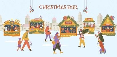 Christmas fair horizontal vector poster. Winter cityscape with people and food, souvenirs, toys and decoration shops with sellers.