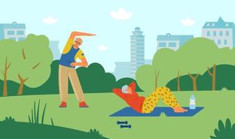 Elderly couple doing exercises in the park flat vector illustration. Active senior people outdoors.