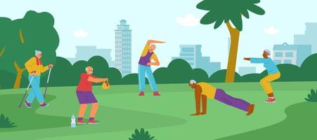 Elderly people doing exercises in the park flat vector illustration. Active senior people outdoors.