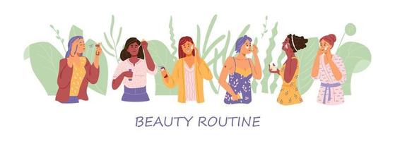 Skincare and beauty routine multyracial women vector banner. Women applying cleansing and moisturizer cosmetic products.