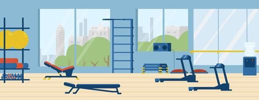 Gym interior with equipment flat vector illustration.