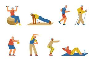 Different elderly people exercising flat vector illustrations set. Active senior poeple doing morning exercises, running, walking, stretching.