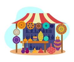 Asian pottery street stall. Authentic ceramics shop. Isolated on white. Flat vector illustration.