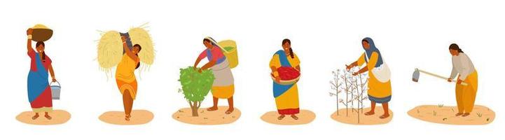 conjunto vectorial de mujeres indias trabajando. cosechar algodón, chile, maíz, trigo, recoger hojas de té, arar. agricultura tradicional. aislado en blanco