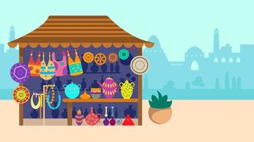 Souvenir street shop with city on the background. Pottery, bags and jewelry. Flat vector illustration.