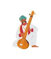 Indian Man In Turban Playing Traditional String Musical Instrument Tampura. Vector Illustration. Isolated On White.