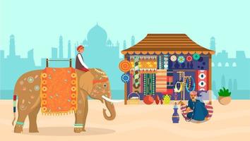 Indian scenery. Elephant rider on decorated elephant, Taj Mahal silhouette, souvenir shop, pottery, carpets, fabrics, jewelry, man smoking hookah sitting on a pillow. Flat vector.