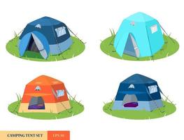 Camping tents set of vector illustrations isolated on white. Hiking equipment.