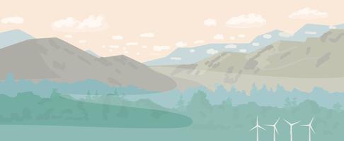 Foggy mountains with forest and wind mills landscape horizontal panorama. Hand drawn vector illustration.