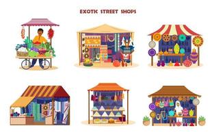 Vector set of exotic street shops. Asian market set. Vegetables cart with merchant, pottery shop, fabrics and carpets shop, asian sweets, Mexican souvenirs. Trade fair stalls.