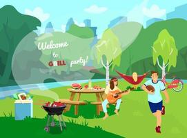 Vector invitation to barbecue party. Picnic table served, barbecue with food, cooler bag with vegetables and water. Landscape, picnic scene. Catroon style.