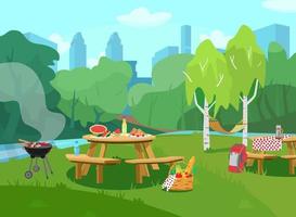 Vector illustration of park scene in city with tables with food and barbeque. Cityscape at the background. Picnic basket with fruits, vegetables and baguette. Cartoon style.