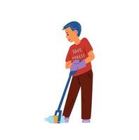 Boy Volunteer collecting plastic trash with reach extender stick vector illustration. Isolated On White.