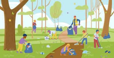 Group Of Children Volunteers With An Adult Collecting Trash In Forest. Vector Illustration.