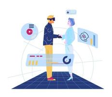 Business partners meeting in metaverse flat vector illustration. Man in VR headset shaking hand with hollogramic woman. Modern technologies in business concept.
