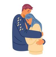 Triste pareja abrazándose consolándose mutuamente ilustración vectorial. gente en pena abrazándose para apoyarse unos a otros. vector